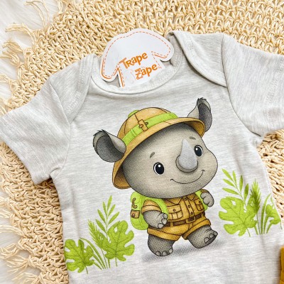 Conj.  Body Mini Rinoceronte e Bermuda - Mescla e Mostarda